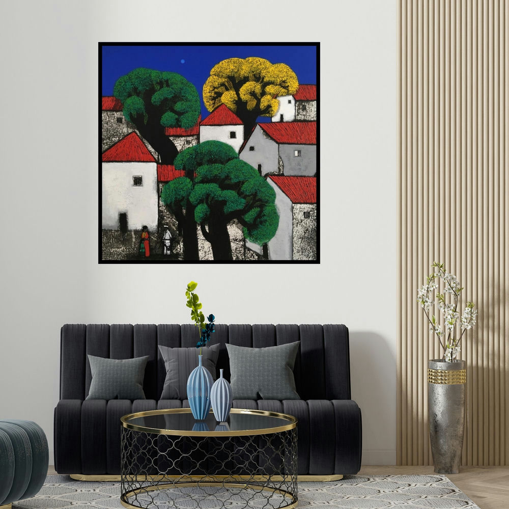 Nagesh Ghodke's 'Untitled 54 (Moonlit Village)' painting visualized above a sofa in a contemporary room.