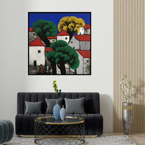 Nagesh Ghodke's 'Untitled 54 (Moonlit Village)' painting visualized above a sofa in a contemporary room.