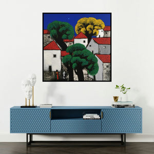 'Untitled 54 (Moonlit Village)' painting by Nagesh Ghodke shown on a wall in a furnished room.