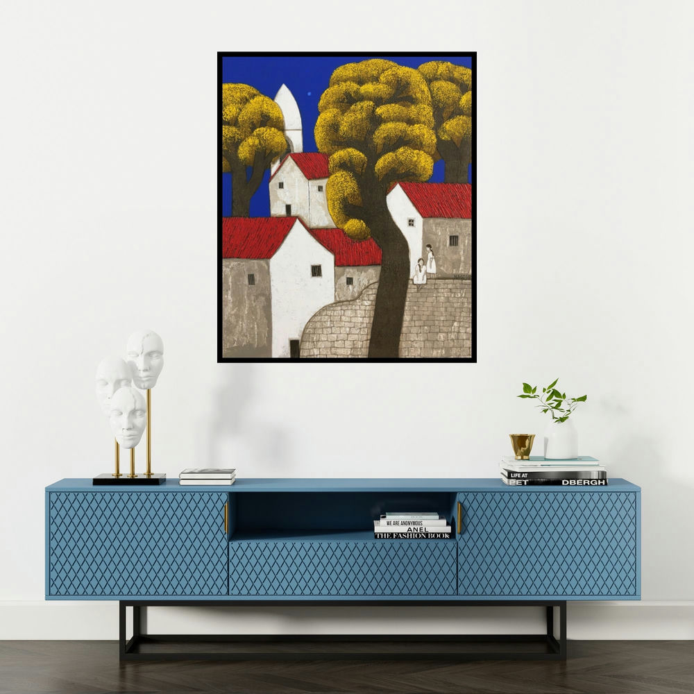 Nagesh Ghodke's 'Untitled 54' painting visualized above a sofa in a contemporary room.