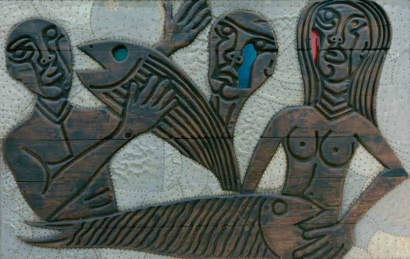 'Untitled' figurative mixed-media painting by artist Piraji Sagara, 49x75 inch, on board