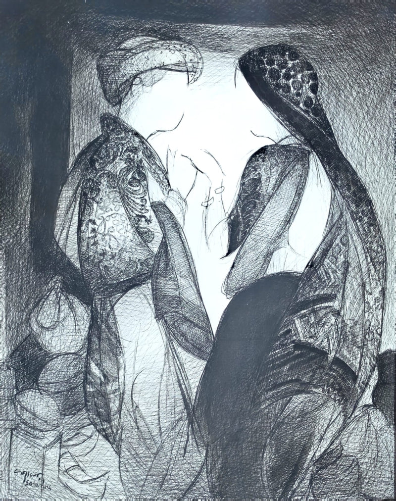Untitled' figurative acrylic painting by artist Vrindavan Solanki, 26x20 inch, on canvas