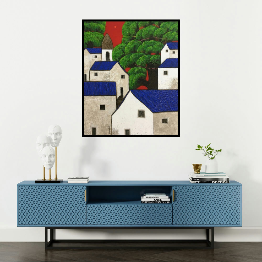 Nagesh Ghodke's 'Untitled 55' painting visualized above a sofa in a contemporary room.