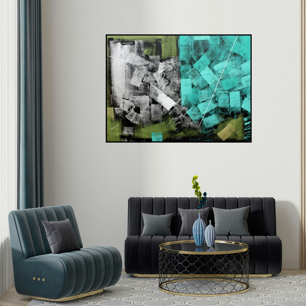 Sudhir Talmale's 'Untitled 57' painting visualized above a sofa in a contemporary room.