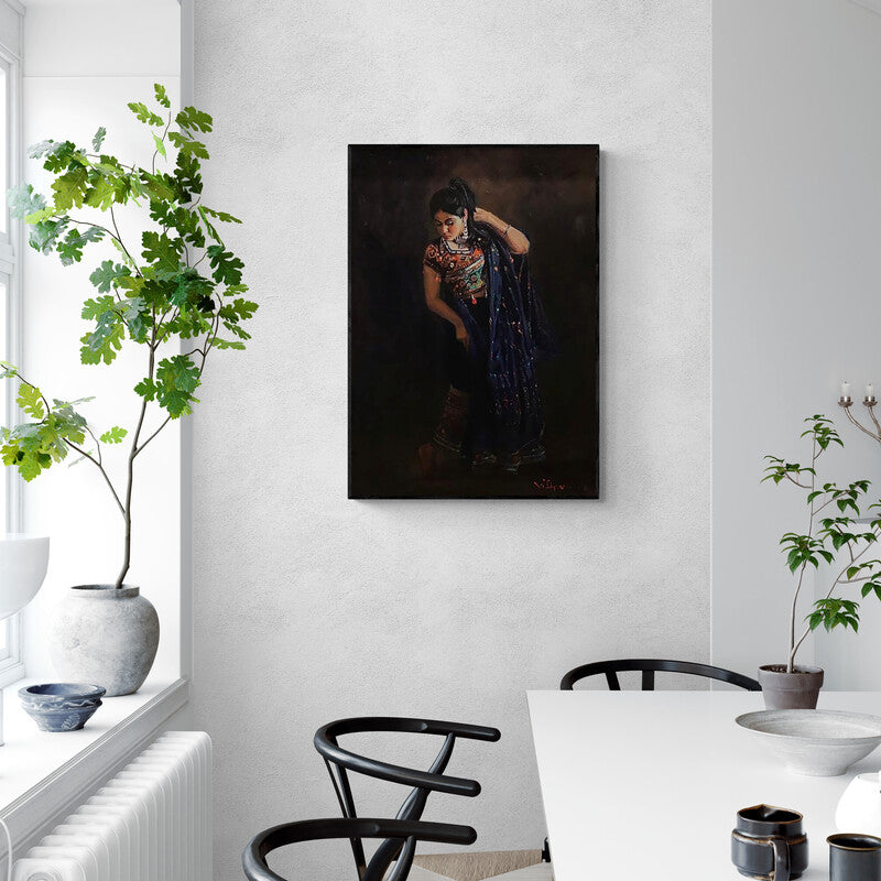 Preview of 'Untitled 6 (A Moment of Rest)' Painting by Vishwa Sahni shown on a wall in a furnished room.