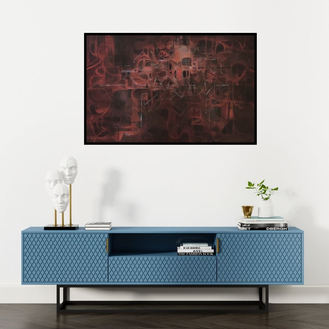 Preview of 'Untitled 6 (Crimson Cacophony)' Painting by Ashok Hinge shown on a wall in a furnished room.