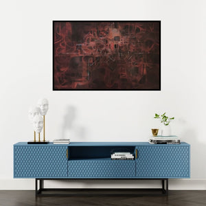 Preview of 'Untitled 6 (Crimson Cacophony)' Painting by Ashok Hinge shown on a wall in a furnished room.