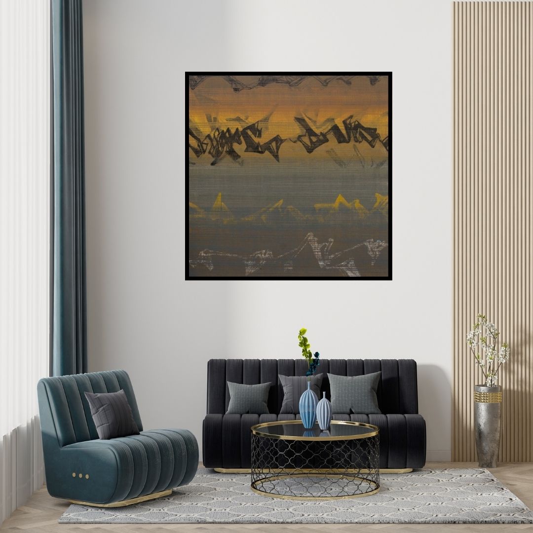 Preview of 'Untitled 6 (Golden Dusk)' Painting by Chandan Bhowmick shown on a wall in a furnished room.