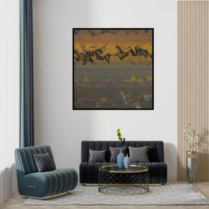 Preview of 'Untitled 6 (Golden Dusk)' Painting by Chandan Bhowmick shown on a wall in a furnished room.