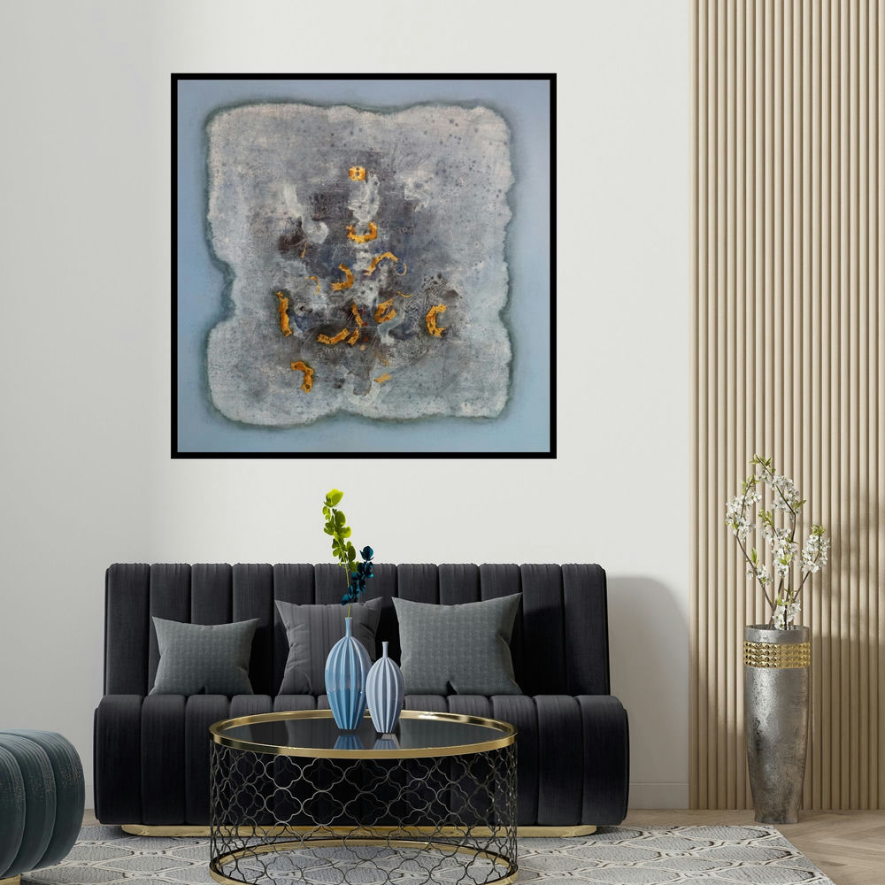 Jai Chouhan's 'Untitled 6' painting visualized above a sofa in a contemporary room.