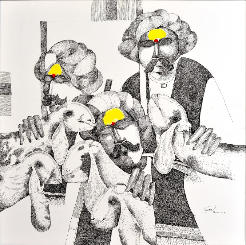 Figurative pen-ink painting titled 'Untitled 6', 33x33 inch, by artist Raosaheb Gurav on Canvas