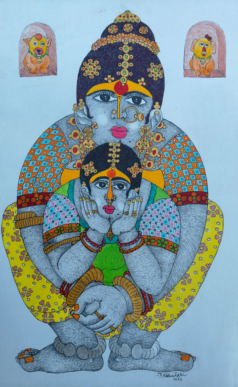 Untitled 6' figurative acrylic painting by artist Bhawandla Narahari, 30x15 inch, on paper