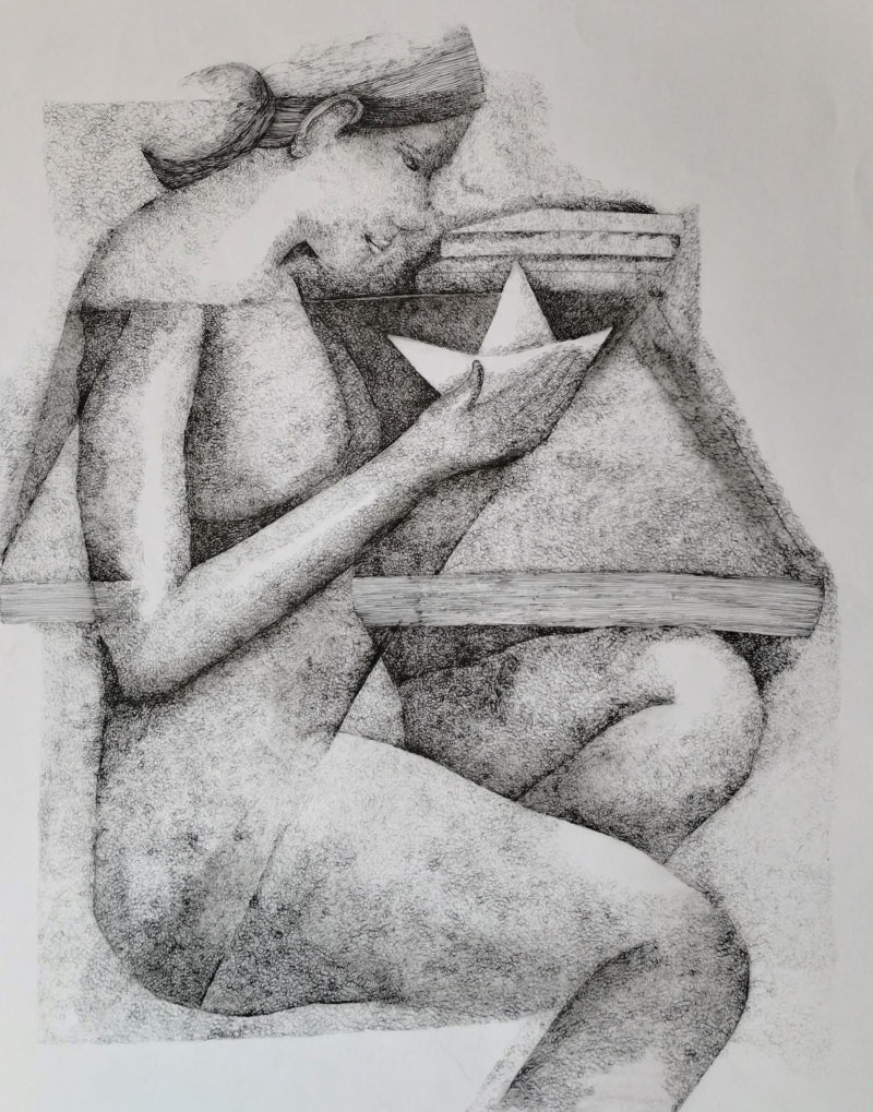 Untitled 6' figurative pen drawing by artist Swati Sabane, 27x22 inch, on paper