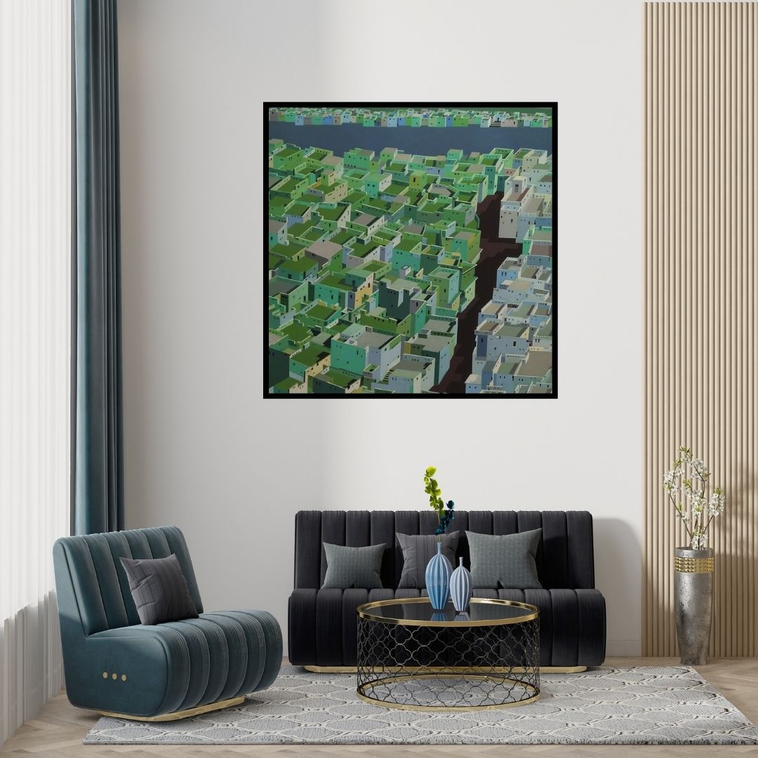 Preview of 'Untitled 6' Painting by Madan Pawar shown on a wall in a furnished room.