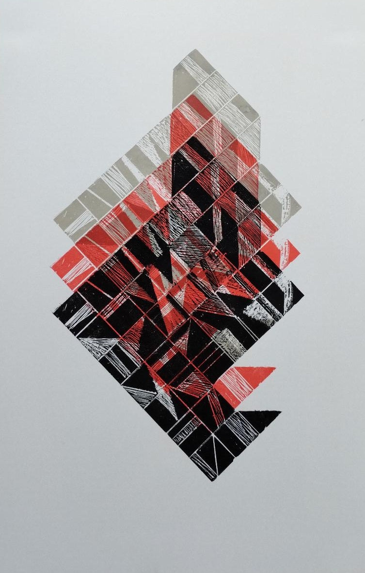 'Untitled 6' abstract wood cut printmaking by artist Shirish Mitbawkar, 17x12 inch, on paper