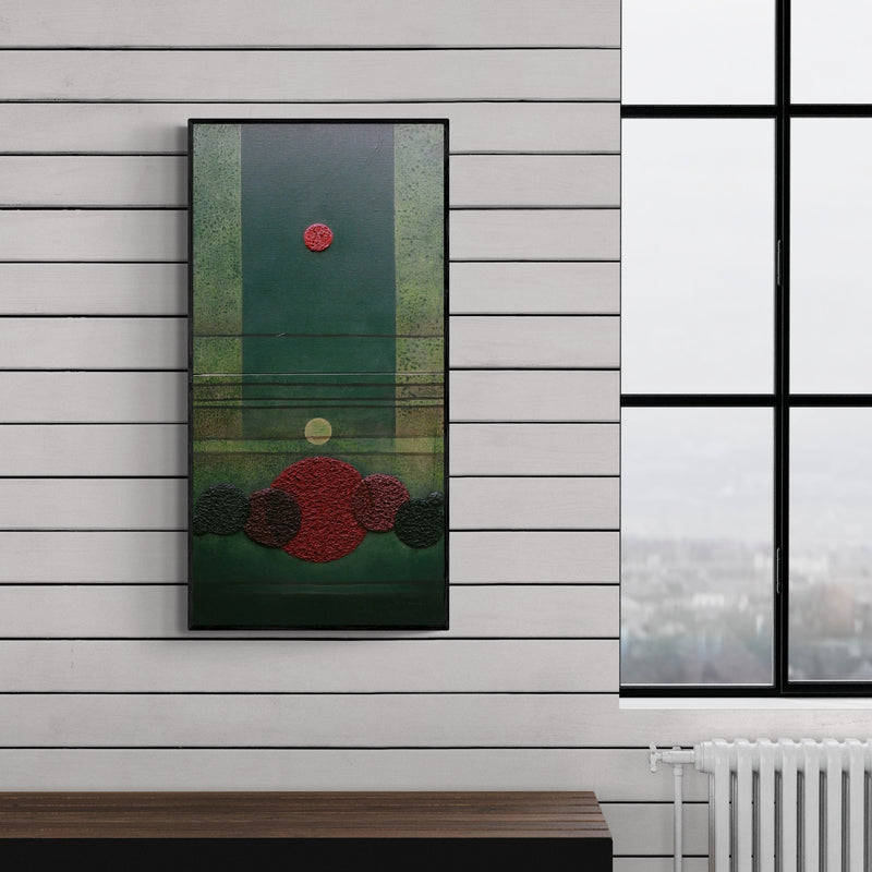 Preview of 'Untitled 6 (Cosmic Harmony)' Painting by Anamika Kuchan shown on a wall in a furnished room.