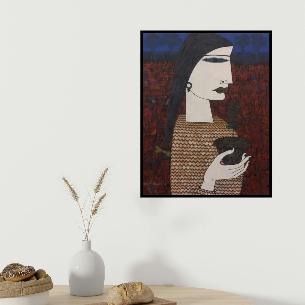 Biswajit Mondal's 'Untitled 6 (Portrait of Introspection)' painting visualized above a sofa in a contemporary room.