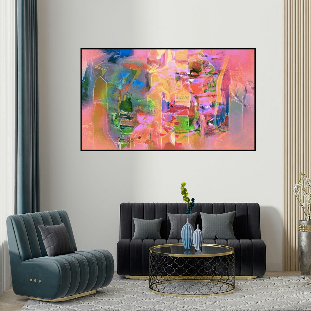 Sunil Balkawade's 'Untitled 6 (Urban Dreamscape)' painting visualized above a sofa in a contemporary room.