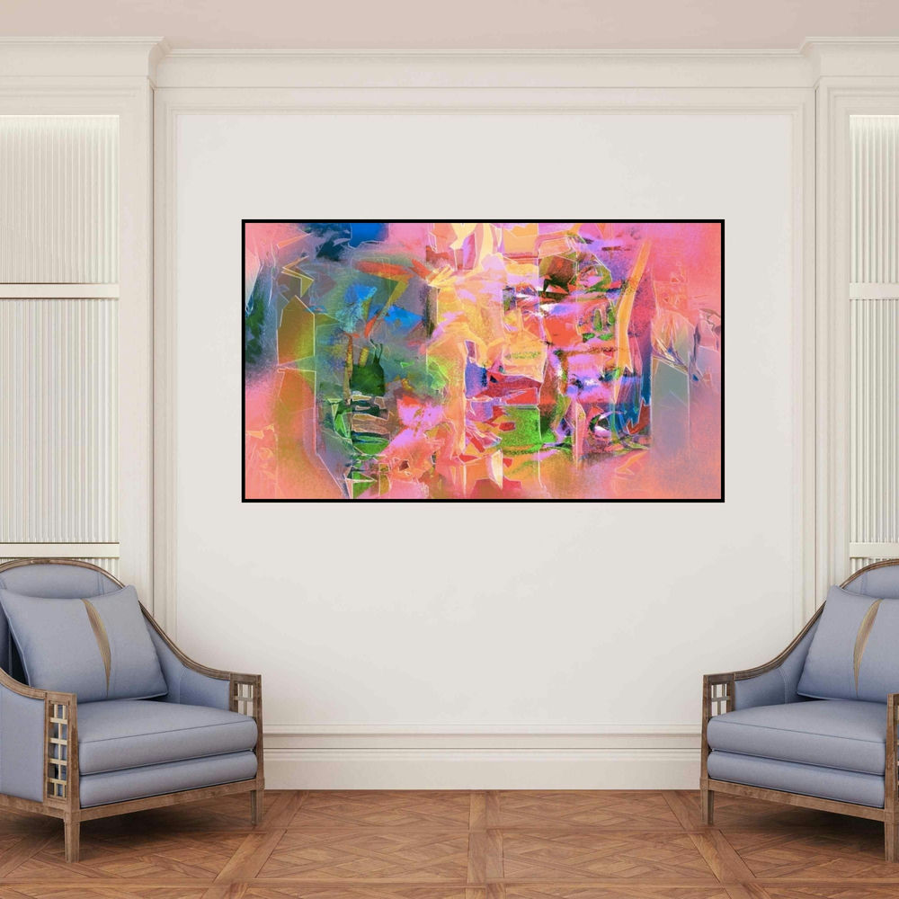 'Untitled 6 (Urban Dreamscape)' painting by Sunil Balkawade shown on a wall in a furnished room.
