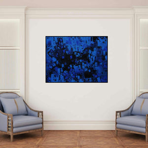 'Untitled 6 (Midnight Reflections)' painting by Sagar Bondre shown on a wall in a furnished room.