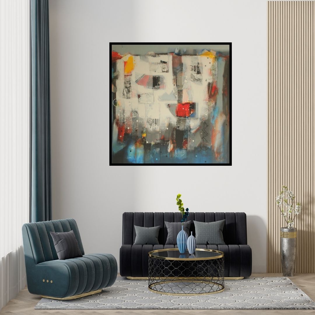 Preview of 'Untitled 6 (Abstract Composition)' Painting by Sachin Pakhale shown on a wall in a furnished room.