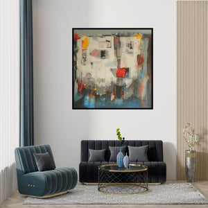 Preview of 'Untitled 6 (Abstract Composition)' Painting by Sachin Pakhale shown on a wall in a furnished room.