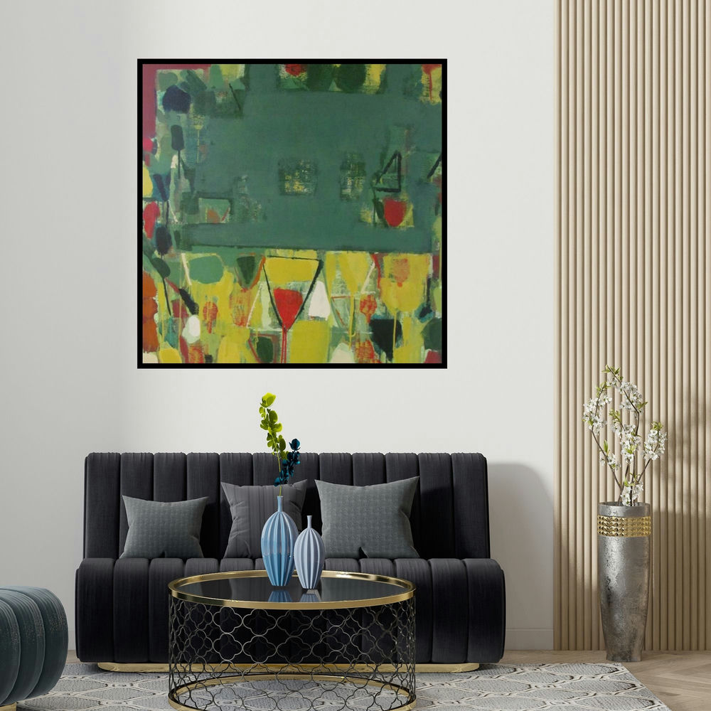 Ravindra Pawar's 'Untitled 6 (Earthen Echoes)' painting visualized above a sofa in a contemporary room.
