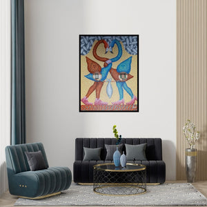 Preview of 'Untitled 6 (Flamingo Couple)' Painting by Arvind Dubey shown on a wall in a furnished room.