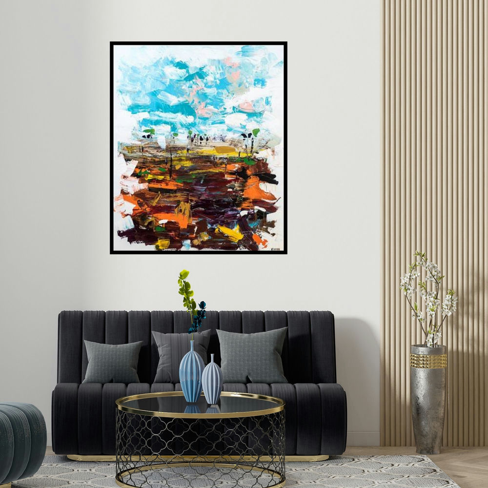 'Untitled 6 (Abstract Landscape with Blue Sky)' painting by Kamran Azim shown on a wall in a furnished room.