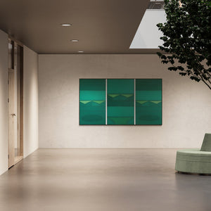 In-situ view of Sandip M's 'Untitled 6 (Verdant Triptych)' painting in a room