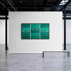 Sandip M's painting 'Untitled 6 (Verdant Triptych)' displayed in a modern living room setting