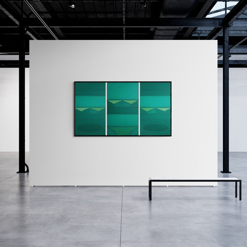 Sandip M's painting 'Untitled 6 (Verdant Triptych)' displayed in a modern living room setting