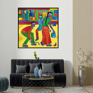 Thota Laxminarayana's 'Untitled 6 (A Day Out)' painting visualized above a sofa in a contemporary room.