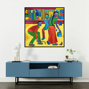 'Untitled 6 (A Day Out)' painting by Thota Laxminarayana shown on a wall in a furnished room.