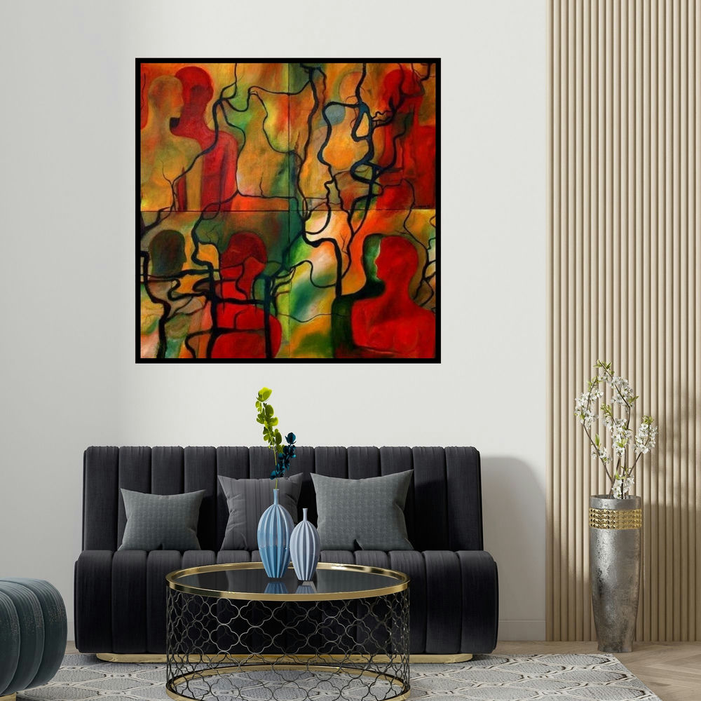 Sunayana Malhotra's 'Untitled 6' painting visualized above a sofa in a contemporary room.