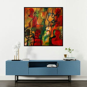 'Untitled 6' painting by Sunayana Malhotra shown on a wall in a furnished room.