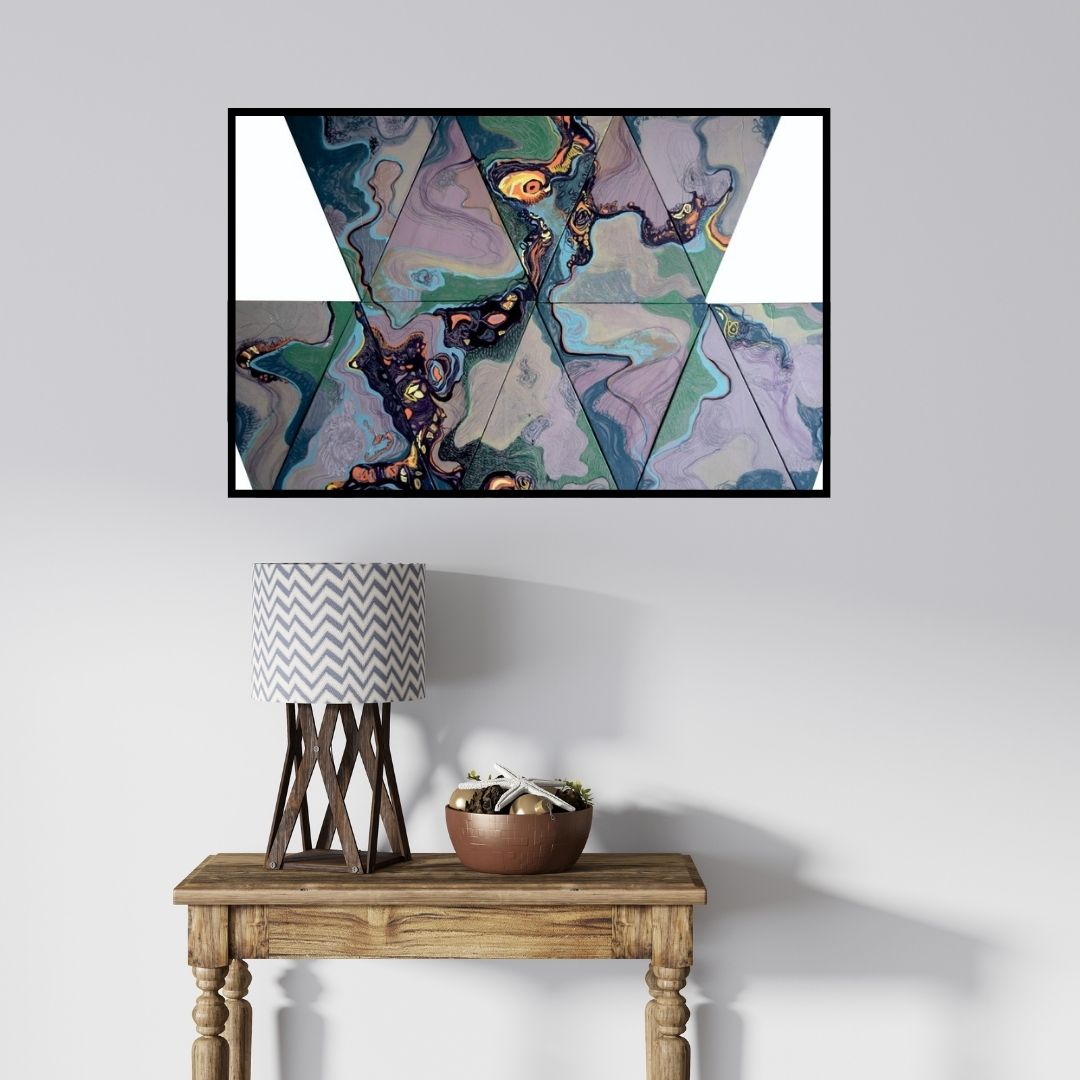 In-situ view of Vanchha Dixit's 'Untitled 6 (Tessellated Transitions)' painting in a room