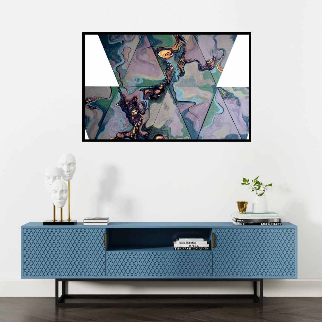 Preview of 'Untitled 6 (Tessellated Transitions)' Painting by Vanchha Dixit shown on a wall in a furnished room.