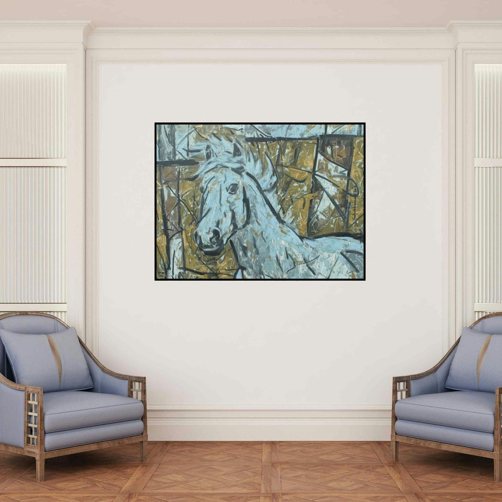 'Untitled 61 (Two Horses)' painting by Santoshkumar Patil shown on a wall in a furnished room.