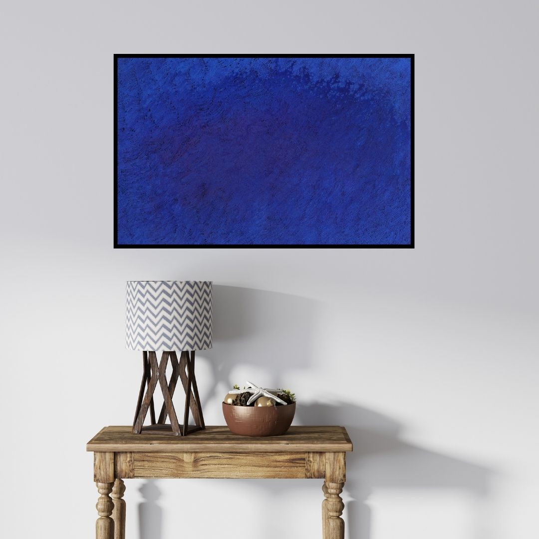 In-situ view of Durgesh Birthare's 'Untitled 61 (Deep Indigo)' painting in a room