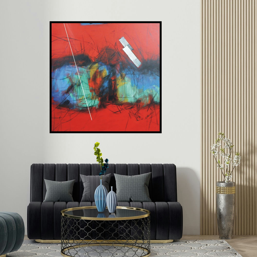 Sudhir Talmale's 'Untitled 62' painting visualized above a sofa in a contemporary room.