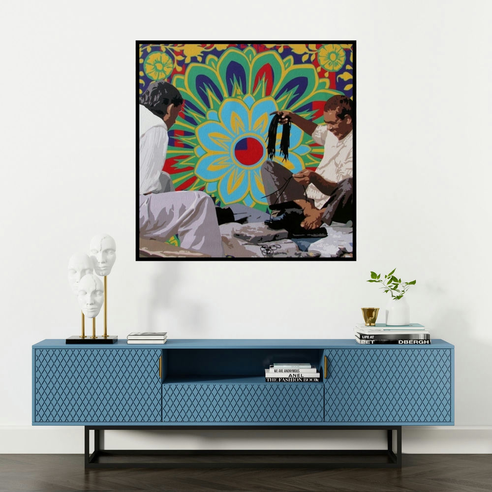 'Untitled 63' painting by Sohan Jakhar shown on a wall in a furnished room.