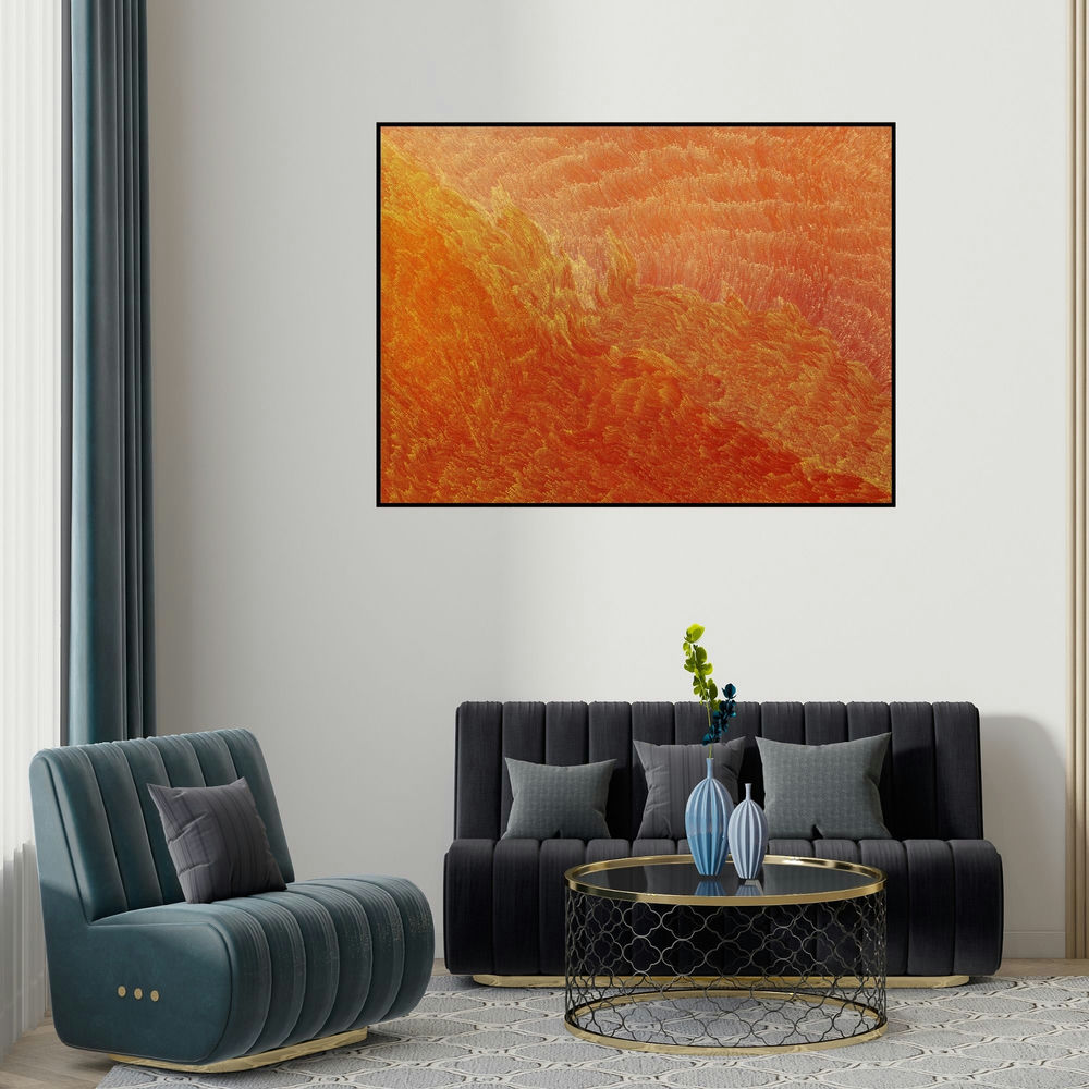 'Untitled 64 (Sun-Kissed Sands)' painting by Durgesh Birthare shown on a wall in a furnished room.