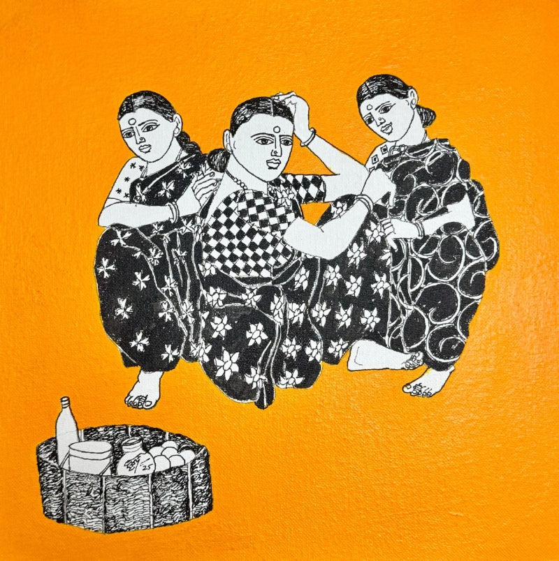 Untitled 64' figurative acrylic painting by artist Laxman Aelay, 12x12 inch, on canvas
