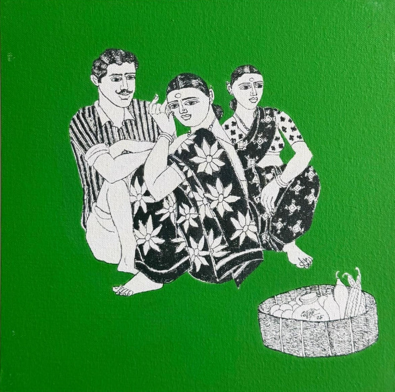 Untitled 65' figurative acrylic painting by artist Laxman Aelay, 12x12 inch, on canvas