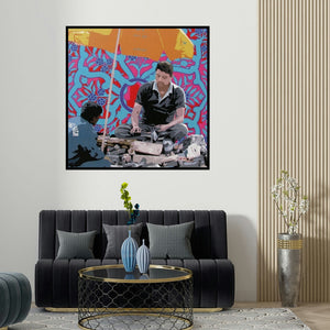 Sohan Jakhar's 'Untitled 66' painting visualized above a sofa in a contemporary room.