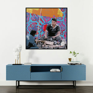 'Untitled 66' painting by Sohan Jakhar shown on a wall in a furnished room.