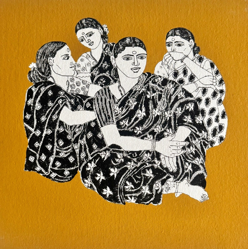 'Untitled 66' figurative acrylic painting by artist Laxman Aelay, 12x12 inch, on canvas