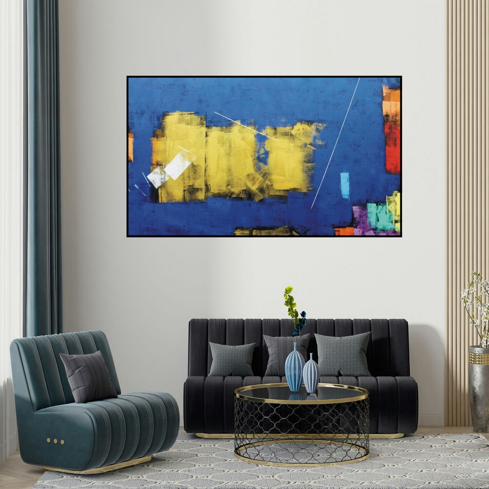 Sudhir Talmale's 'Untitled 67' painting visualized above a sofa in a contemporary room.