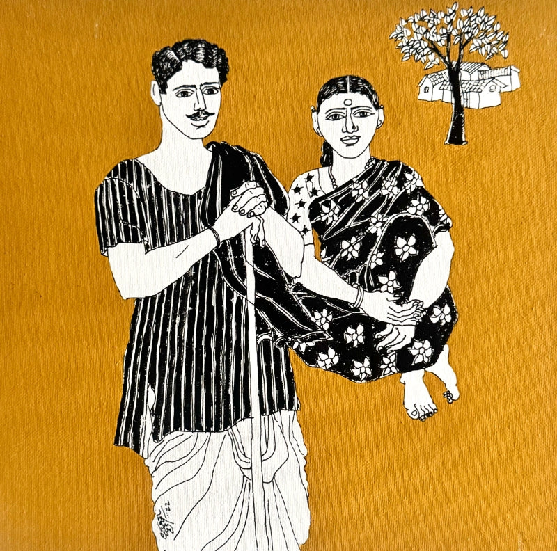 'Untitled 67' figurative acrylic painting by artist Laxman Aelay, 12x12 inch, on canvas